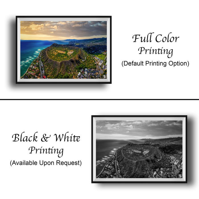 The image is a collage of two framed pictures. The top picture is a full color aerial view of a mountainous landscape, while the bottom picture is a black and white landscape photograph. The text below the images indicates that the full color printing is available upon request, and the black and white version is not.