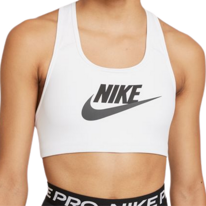 Nike Dri-FIT Swoosh Medium-Support Graphic Womens Sports Bra - White/Black/DK Smoke Grey