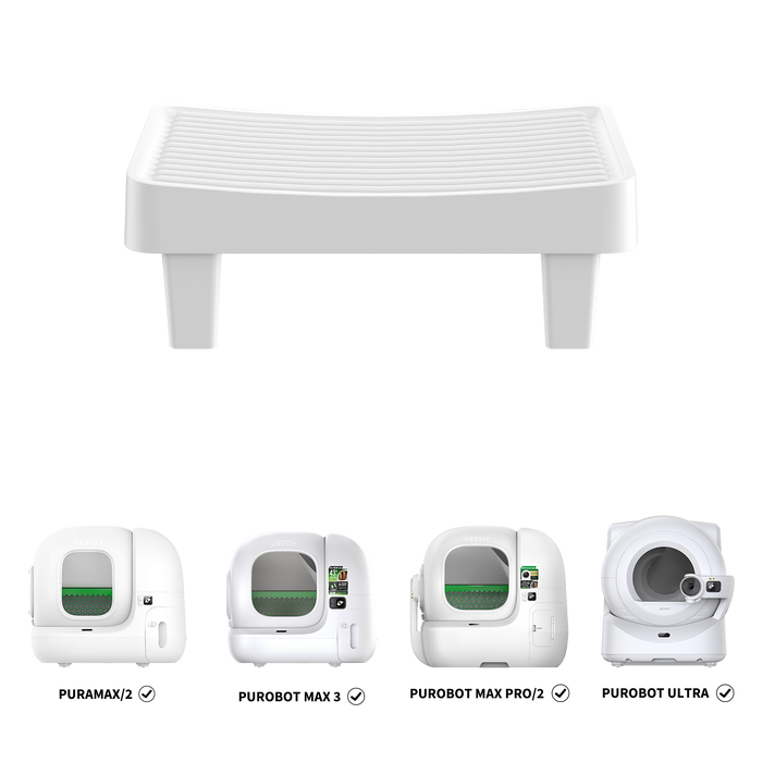 Easy step pedal displayed with compatible PETKIT litter boxes including Purobot Ultra, Purobot Max Pro, Purobot Max Pro 2, Purobot Max 3, PuraMax, and PuraMax 2, designed for easier entry and exit