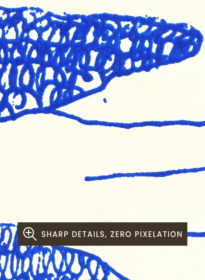 Framed artwork of a blue abstract figure with stars on a white background. Angel by Eden Kalif is a modern line art print of a winged figure with blue detail, a contemporary minimalist wall poster with expressive drawing and subtle texture.