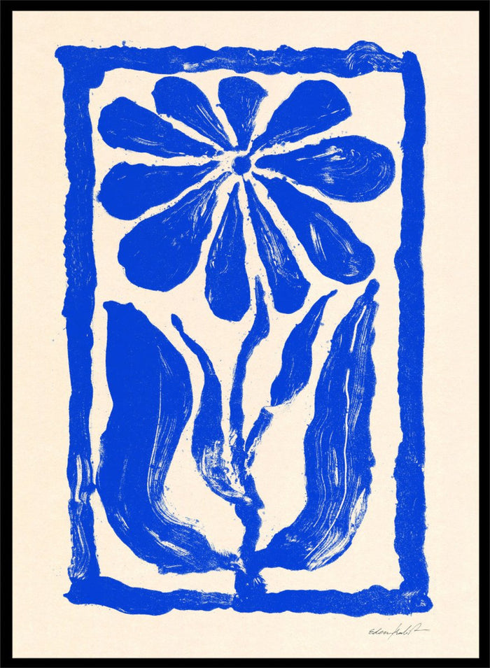 Blue floral design on a beige background. Blue Bloom by Eden Kalif is a modern floral art print featuring bold blue flower forms and graphic composition in a contemporary wall poster design.