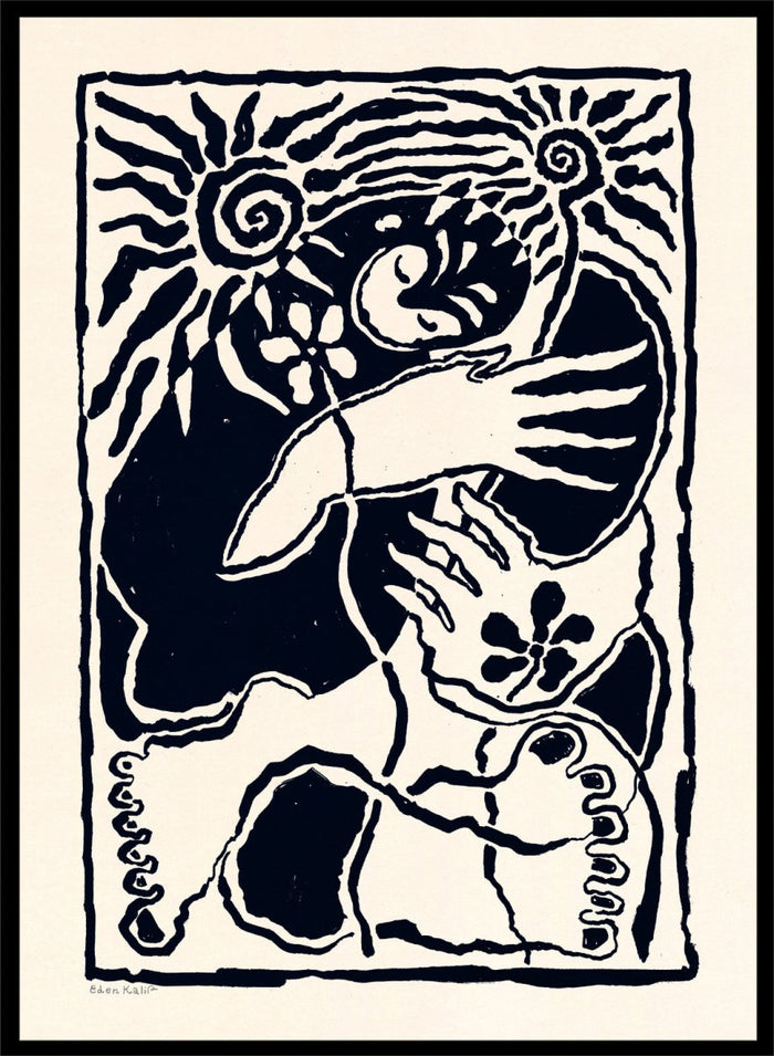 Black and white artwork of a stylized figure with abstract patterns. Protection Black by Eden Kalif is a modern abstract figurative art print in bold black, a contemporary aesthetic wall poster with expressive shapes and symbolic elements.