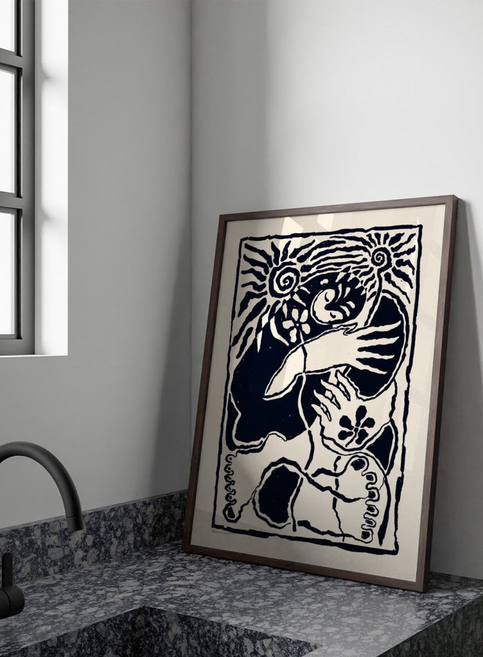 Black and white artwork of a stylized figure with abstract patterns. Protection Black by Eden Kalif is a modern abstract figurative art print in bold black, a contemporary aesthetic wall poster with expressive shapes and symbolic elements.