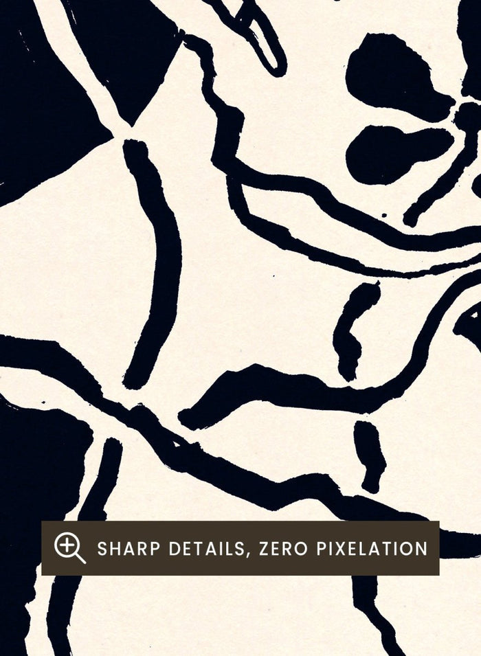 Black and white artwork of a stylized figure with abstract patterns. Protection Black by Eden Kalif is a modern abstract figurative art print in bold black, a contemporary aesthetic wall poster with expressive shapes and symbolic elements.