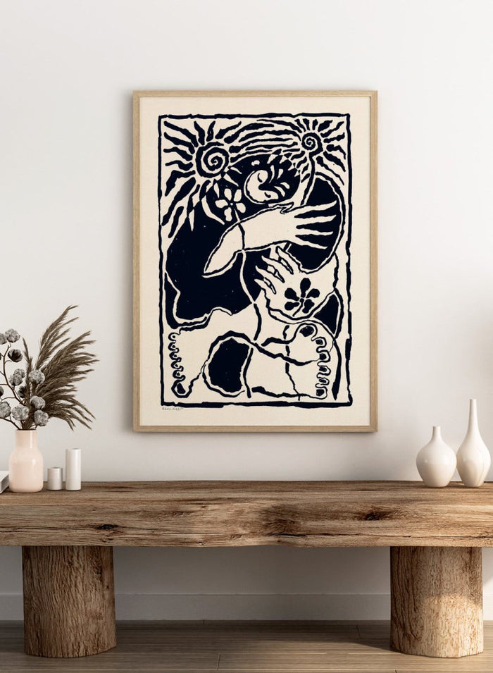 Black and white artwork of a stylized figure with abstract patterns. Protection Black by Eden Kalif is a modern abstract figurative art print in bold black, a contemporary aesthetic wall poster with expressive shapes and symbolic elements.
