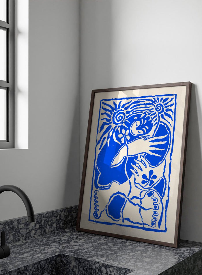 Blue and white abstract design with a central figure and sun-like elements on a beige background. Protection Blue by Eden Kalif is a modern figurative art print in bold blue, a contemporary minimalist wall poster with symbolic forms and expressive line work.