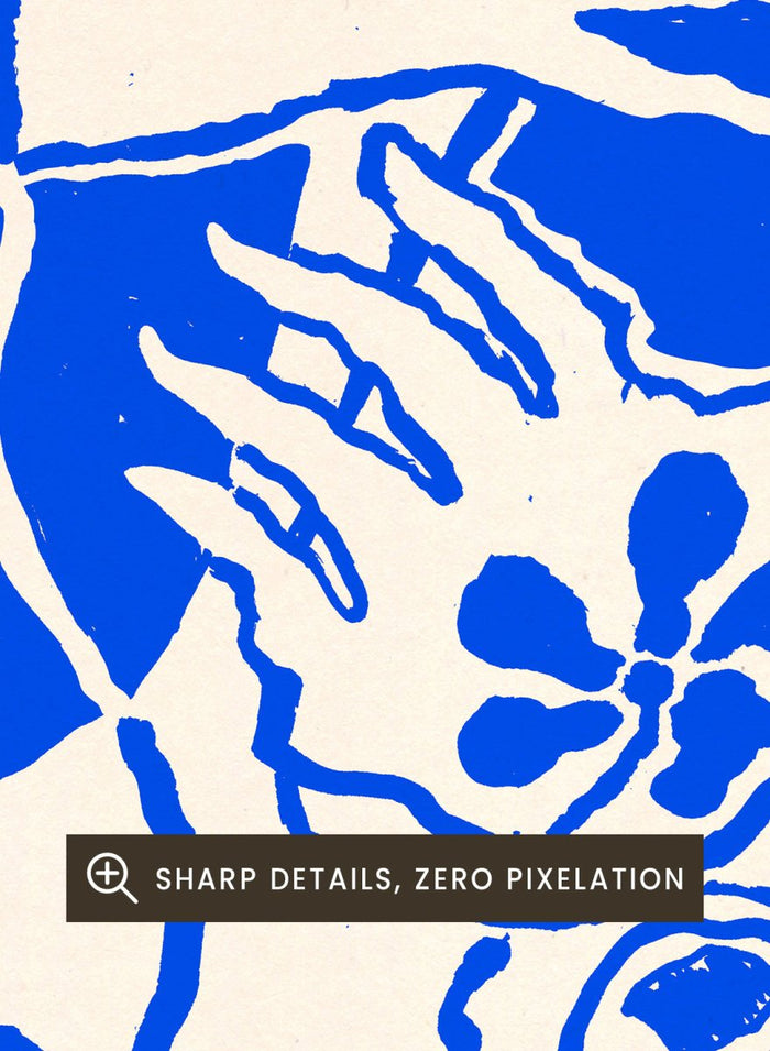 Blue and white abstract design with a central figure and sun-like elements on a beige background. Protection Blue by Eden Kalif is a modern figurative art print in bold blue, a contemporary minimalist wall poster with symbolic forms and expressive line work.