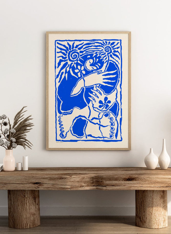 Blue and white abstract design with a central figure and sun-like elements on a beige background. Protection Blue by Eden Kalif is a modern figurative art print in bold blue, a contemporary minimalist wall poster with symbolic forms and expressive line work.