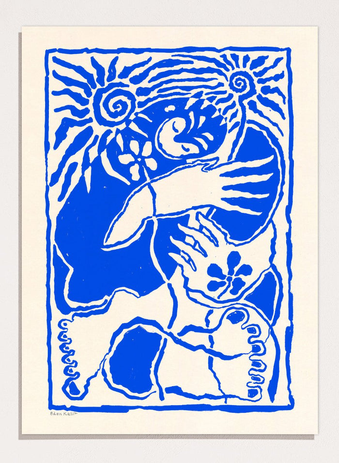 Blue and white abstract design with a central figure and sun-like elements on a beige background. Protection Blue by Eden Kalif is a modern figurative art print in bold blue, a contemporary minimalist wall poster with symbolic forms and expressive line work.