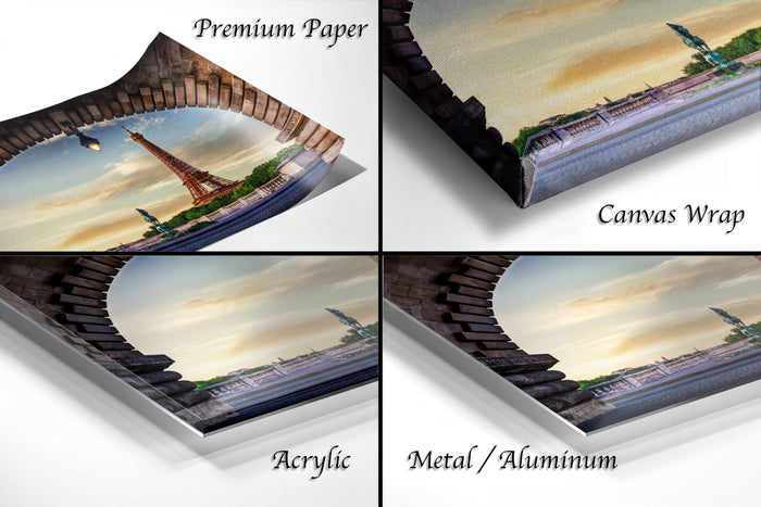 The image is a collage of four different views of the Eiffel Tower, with each view presented in a different medium: premium paper, canvas wrap, acrylic, and metal/aluminum.