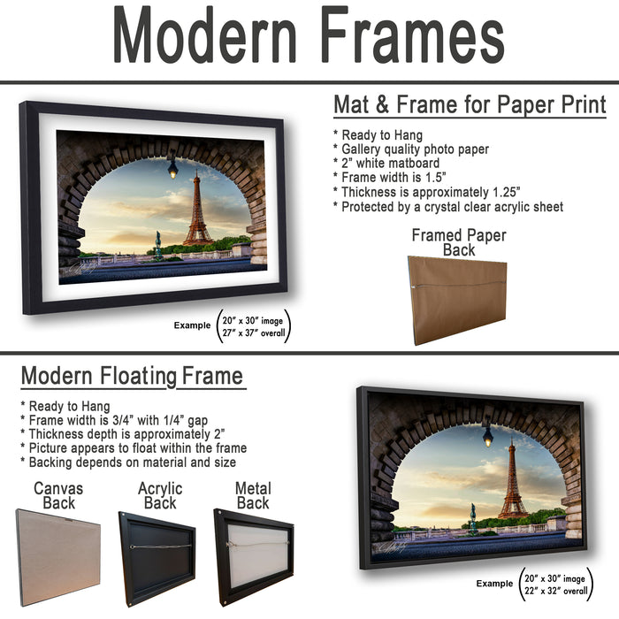 The image is a collage of two framed pictures, one of the Eiffel Tower and the other of a sunset. The collage is presented in two different frame types: a modern floating frame and a modern hanging frame.