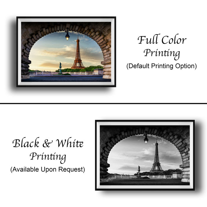 The image is a collage of two framed pictures. The top picture is a full color print of the Eiffel Tower, while the bottom picture is a black and white print of the same landmark. Both pictures feature the Eiffel Tower in the background, with the top picture in color and the bottom picture in black and white. The text below the images indicates that the full color printing is available upon request.
