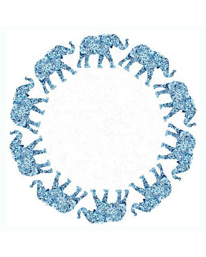 Elephant Patterned Round Placemat Set of 6 pieces-  White & Blue