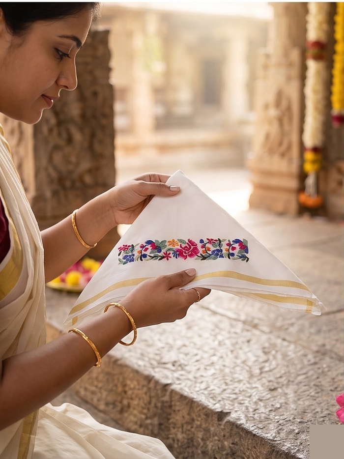 Embroidered Girnar Kerchief French work - Girnar Darshan