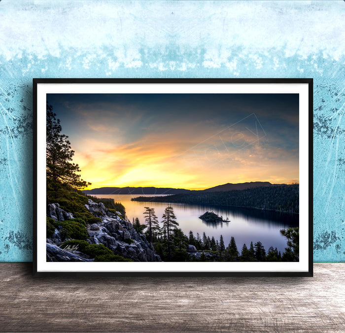 Emerald Bay Lake Print, Serene Mountain Pine Tree Wall Art Decor