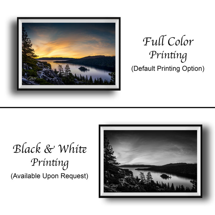 Emerald Bay Lake Print, Serene Mountain Pine Tree Wall Art Decor