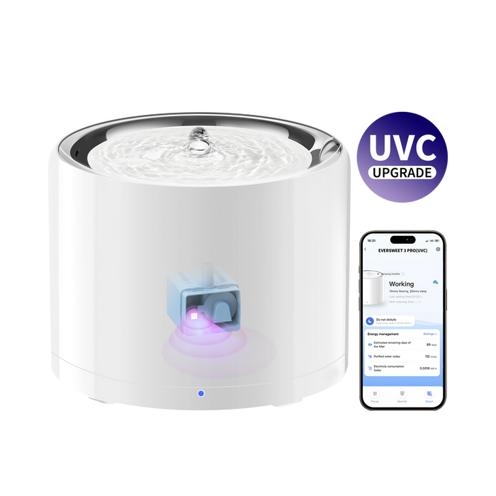 PETKIT EverSweet 3 Pro UVC cat water fountain, cat water dispenser, mobile app interface showing remote control and smart operation