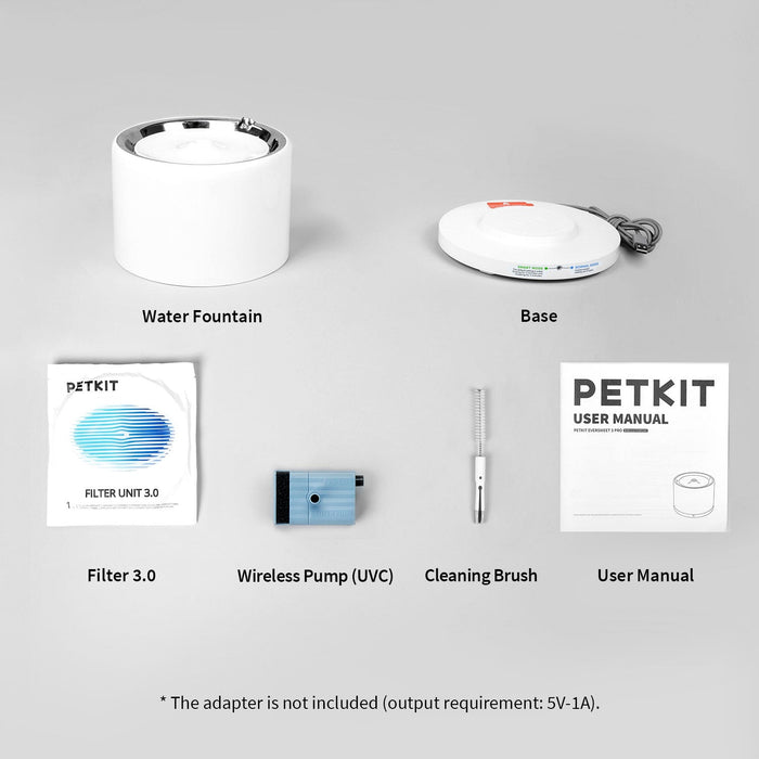 EverSweet 3 Pro UVC Pet Water Fountain package including water fountain, base, filter 3.0, wireless UVC pump, cleaning brush and user manual