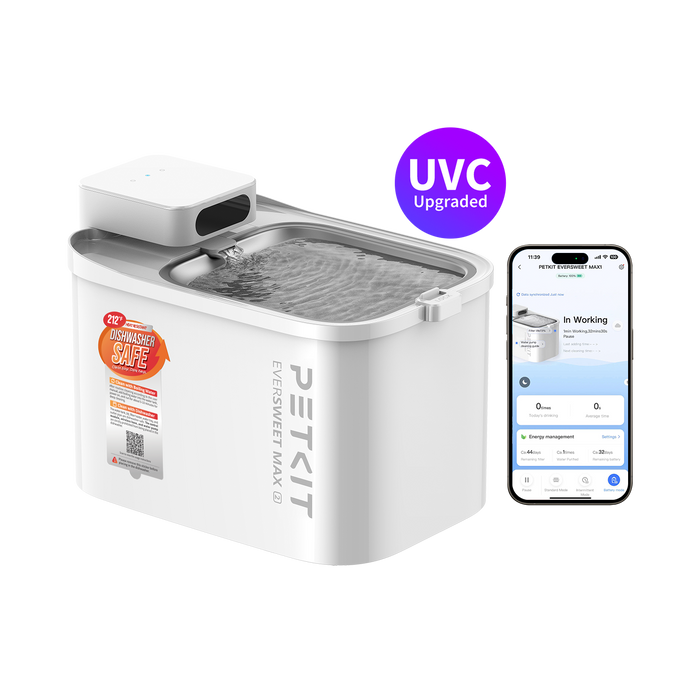 PETKIT EVERSWEET MAX 2 cordless cat water fountain, cat water dispenser, PETKIT App connection shown on smartphone