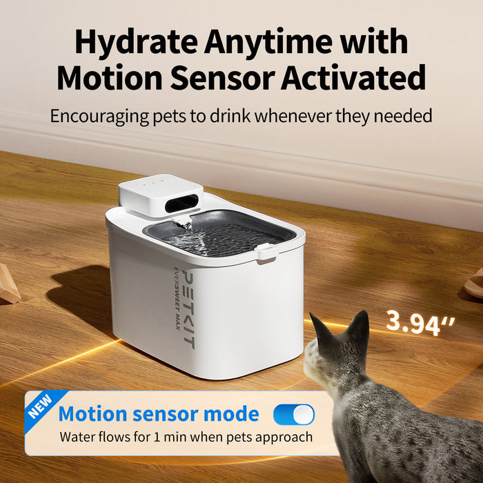 EverSweet Max pet water fountain with motion sensor mode that runs water when pets approach within 3.94 inches