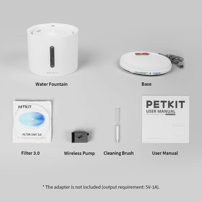 EverSweet Solo 2 Pet Water Fountain package including the fountain, base, filter 3.0, wireless pump, cleaning brush and user manual