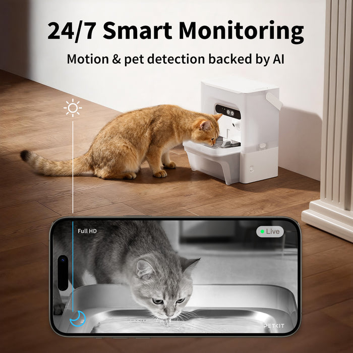 EverSweet Ultra Cat Water Fountain with built-in AI camera providing 24/7 live monitoring, showing clearly day and night