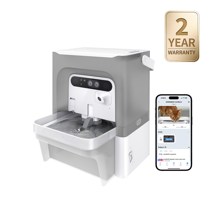 PETKIT EverSweet Ultra cat water fountain (Gray), cat water dispenser, app control interface displayed on smartphone for remote control