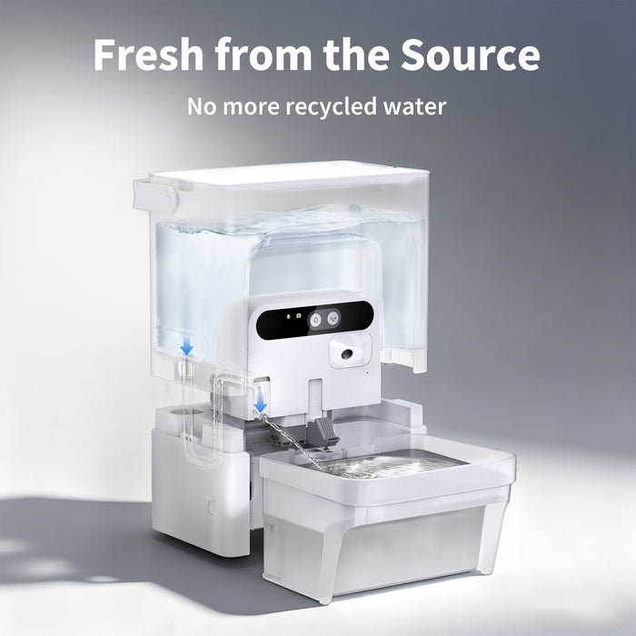 PETKIT EverSweet Ultra cat water fountain, cat water dispenser, showing OneWay Mechanism with separated clean and waste water tank, no filter required