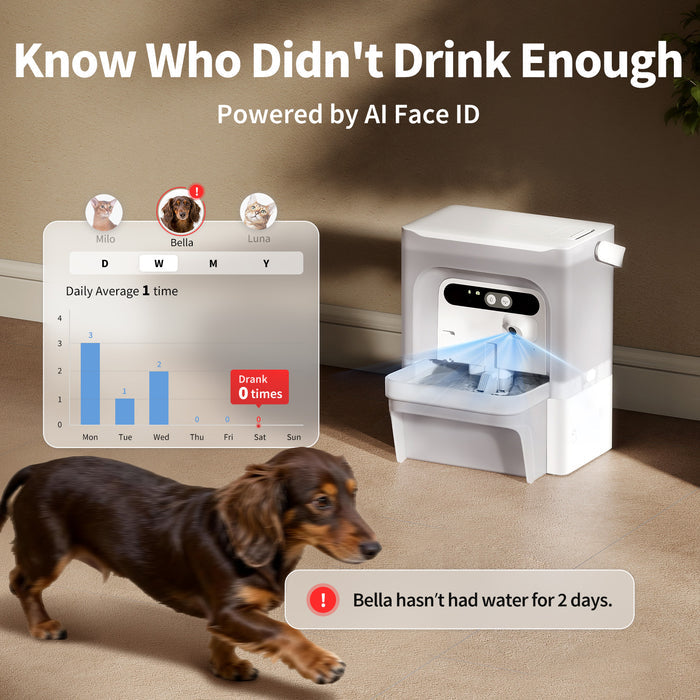 EverSweet Ultra Cat Water Fountain with a dog, showing AI Face ID visualizing drinking trends of multiple pets for clear monitoring