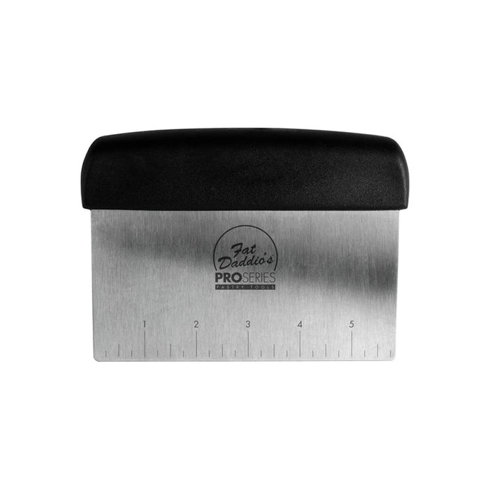 Fat Daddio's 4.5 x 6 inch stainless steel bench scraper with comfort grip handle, Professional dough cutter with etched inch and centimeter measurements, Stainless steel pastry bench knife for cutting and scraping