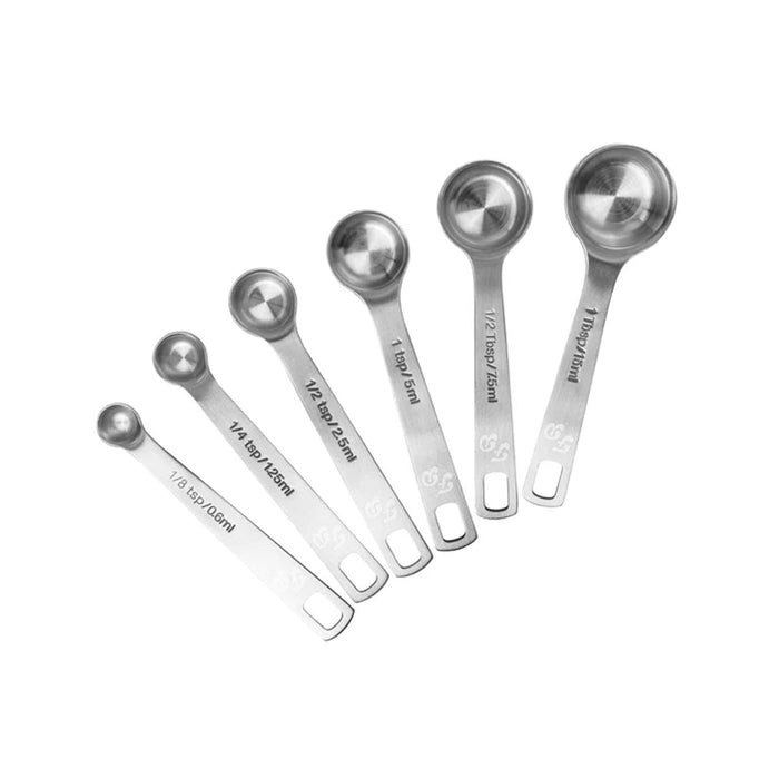 Fat Daddio's set of six stainless steel measuring spoons on a connecting ring, Professional metal measuring spoons with stamped measurements, Stainless steel measuring spoon set for baking and spices