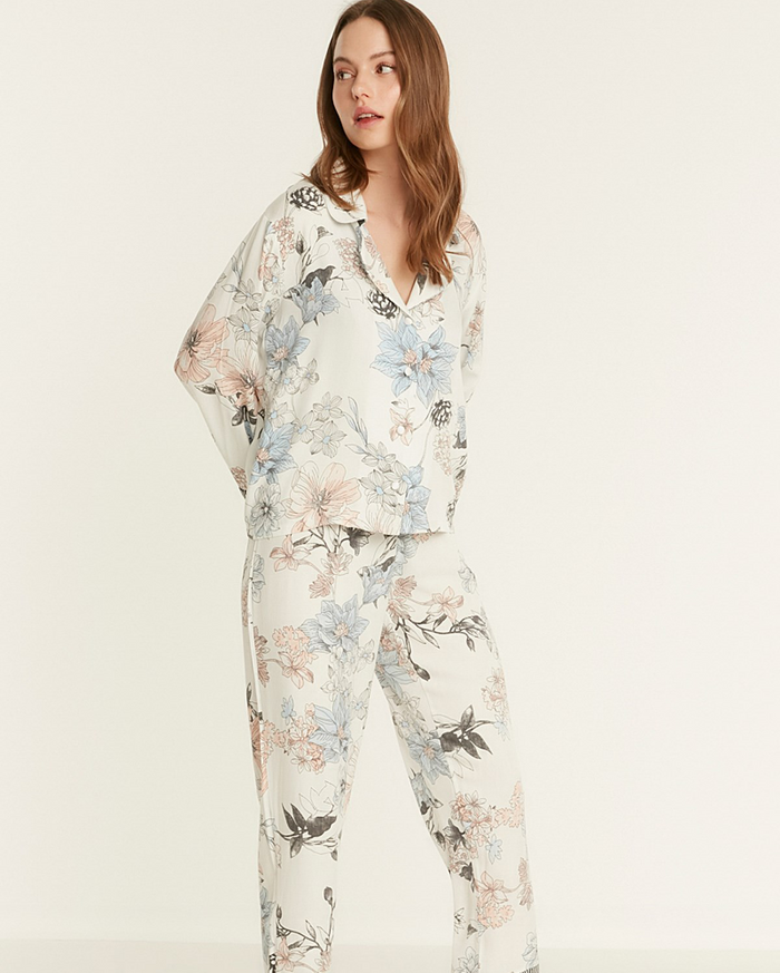 Flower Printed Pyjama Set - Ecru