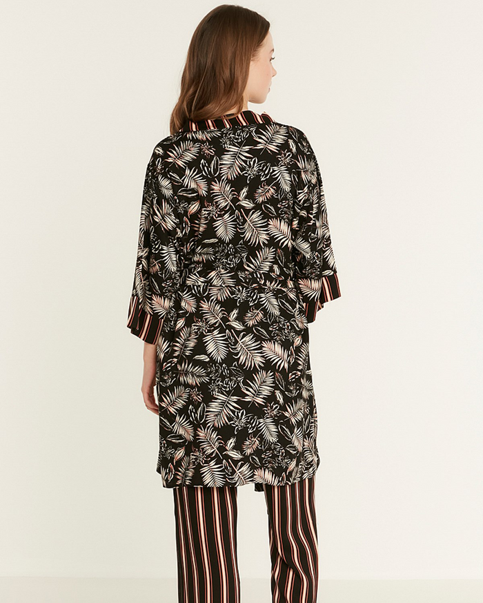 Flower Printed Pyjama Set with Dressing Gown - Black