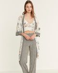 Flower Printed Pyjama Set with Dressing Gown - Ecru