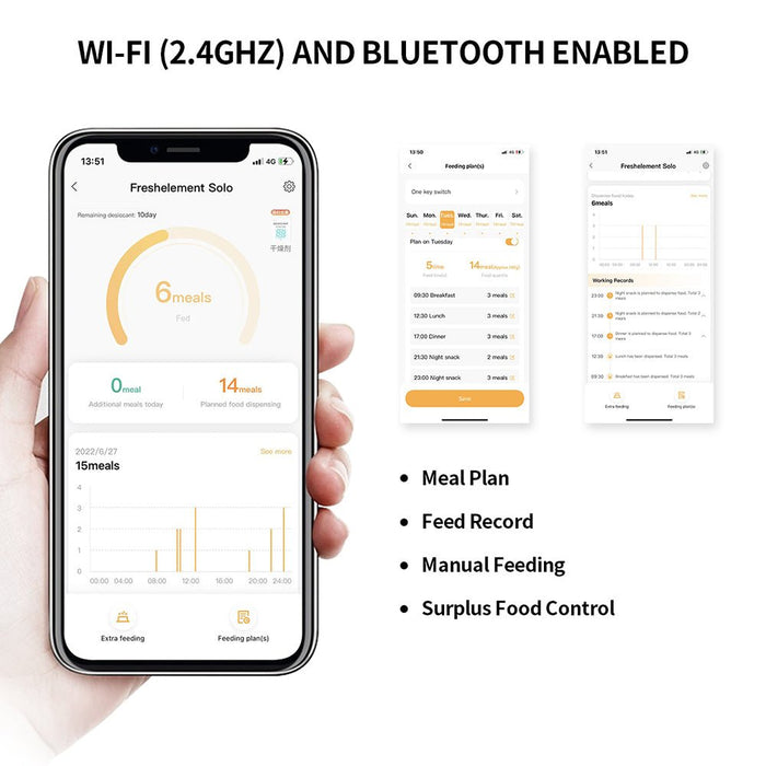 Fresh Element Solo automatic cat feeder supports 2.4GHz WiFi and Bluetooth, meal planning, feeding records, manual feeding, and surplus food control