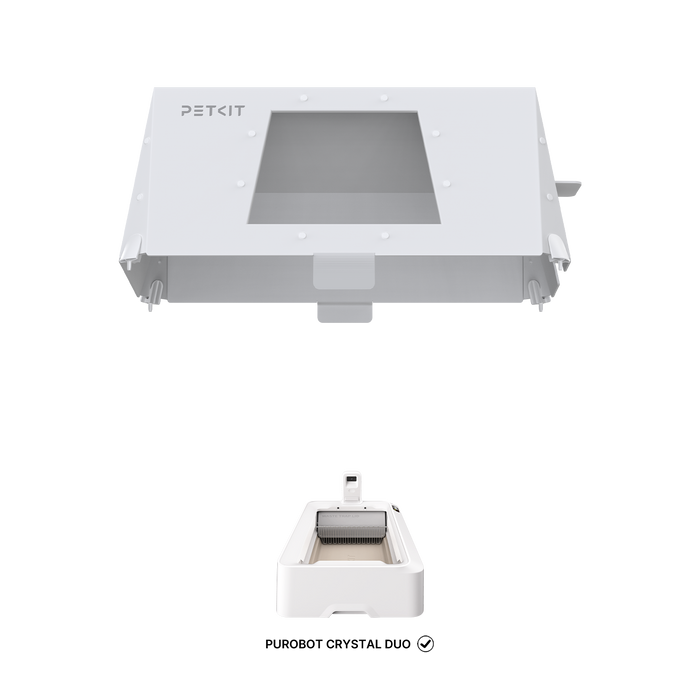 Front-Entry Hood shown with the PUROBOT CRYSTAL DUO cat litter box, highlighting perfect compatibility and a clean, modern look