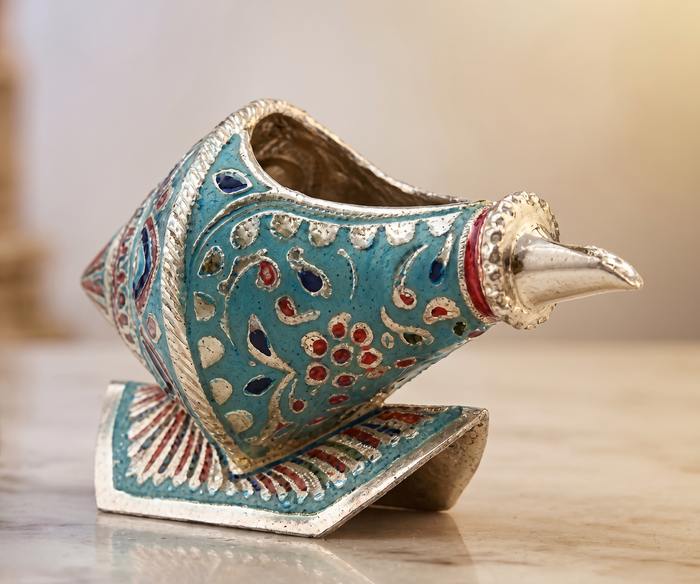Girnar Meenakari Shankh Kalash | Turquoise & Silver