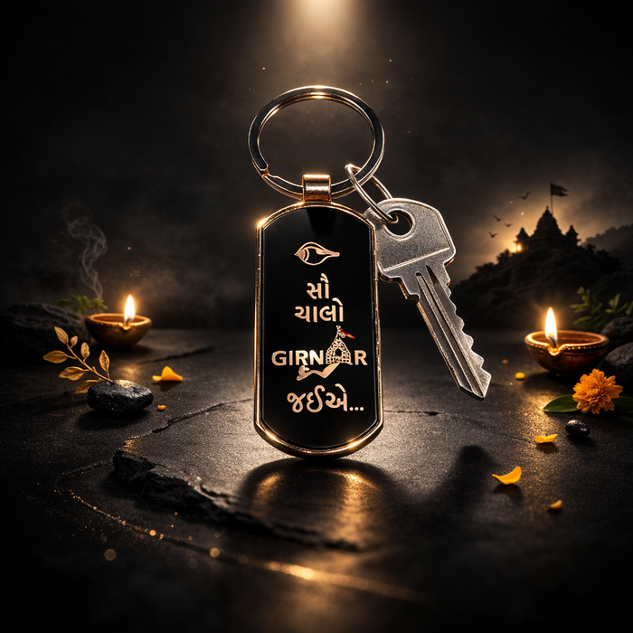 Girnar sleek black keychain Gujarati - Girnar Darshan Chalo Girnar