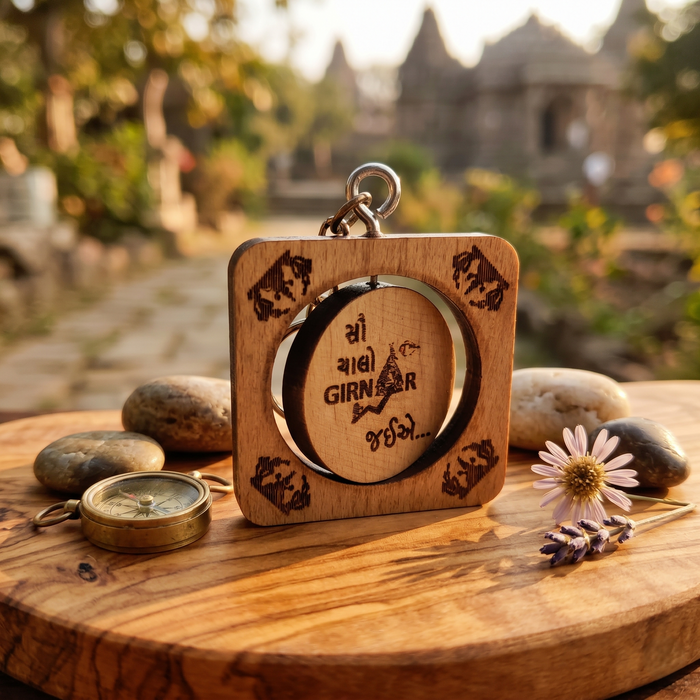 Girnar wooden square disc key chain - Hin/Guj
