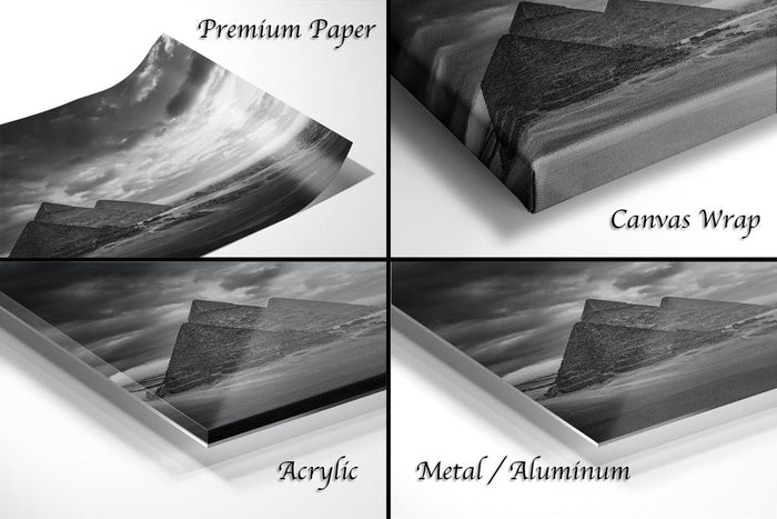 The image is a collage of four different images, each depicting a landscape with mountains, including a canvas wrap and a premium paper.