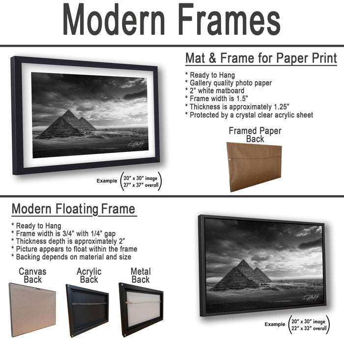 The image is a collection of framed artworks, including a mat and frame for a paper print, a modern floating frame, and a framed paper back. The artworks are displayed in various sizes and frame types, showcasing the versatility of these frames for different artistic presentations.