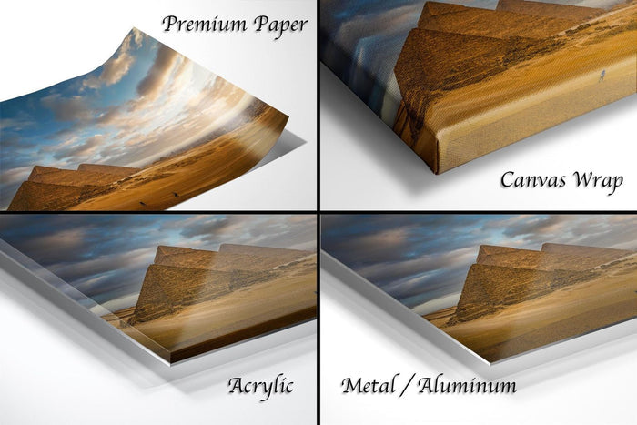 The image is a collage of four different images, each depicting a landscape with mountains, including a desert and a cloudy sky. The images are labeled as "Premium Paper", "Canvas Wrap", "Acrylic", and "Metal/Aluminum".