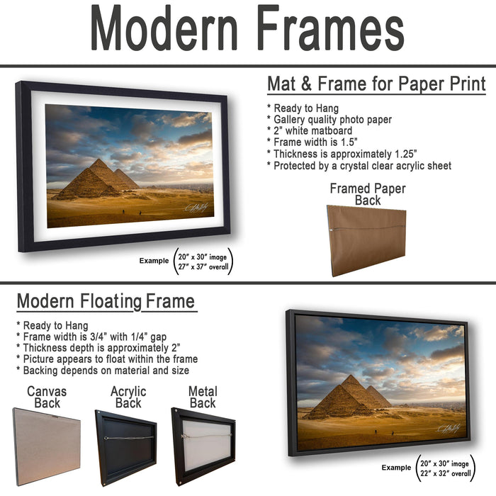 The image is a collage of two framed pictures, one of a desert landscape with a pyramid and the other of a desert landscape with a pyramid. The collage features a modern floating frame and a mat & frame for paper print.