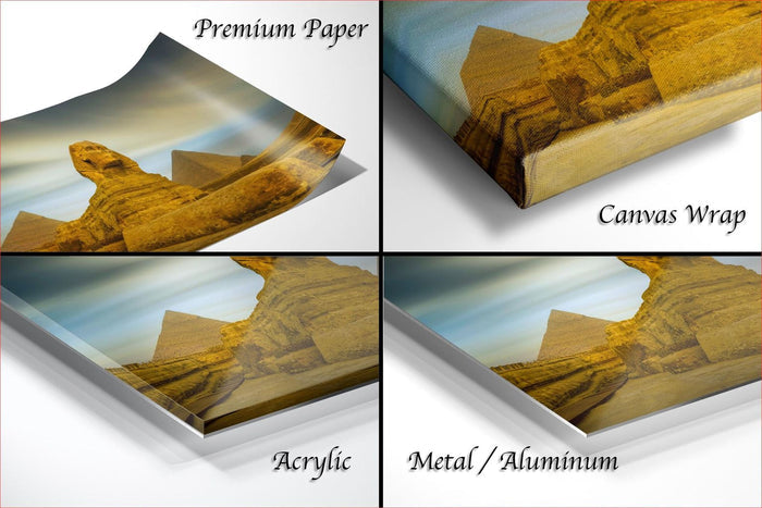 The image is a collage of four different views of a desert landscape, including a close-up of a sand dune and a pyramid.