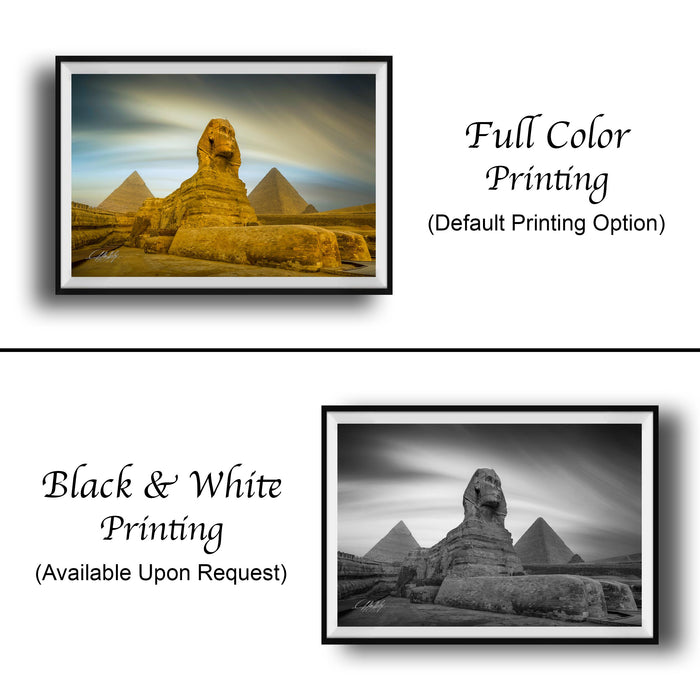 The image is a collage of two framed photographs depicting the Great Sphinx of Giza and the pyramids of Giza. The top photograph is a full color print, while the bottom photograph is a black and white print. Both images feature the Great Sphinx and the pyramids of Giza, showcasing their iconic architectural features.