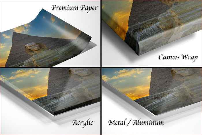 The image is a collage of four photographs depicting the pyramids of Giza, Egypt, with a focus on the Great Pyramid of Giza. The photographs are labeled as "Premium Paper", "Canvas Wrap", "Acrylic", and "Metal/Aluminum".
