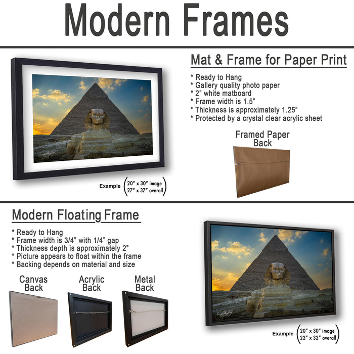 The image is a collage of two framed pictures, one of a pyramid and one of a sunset. The framed picture is a mat and frame for a paper print, while the other is a modern floating frame.