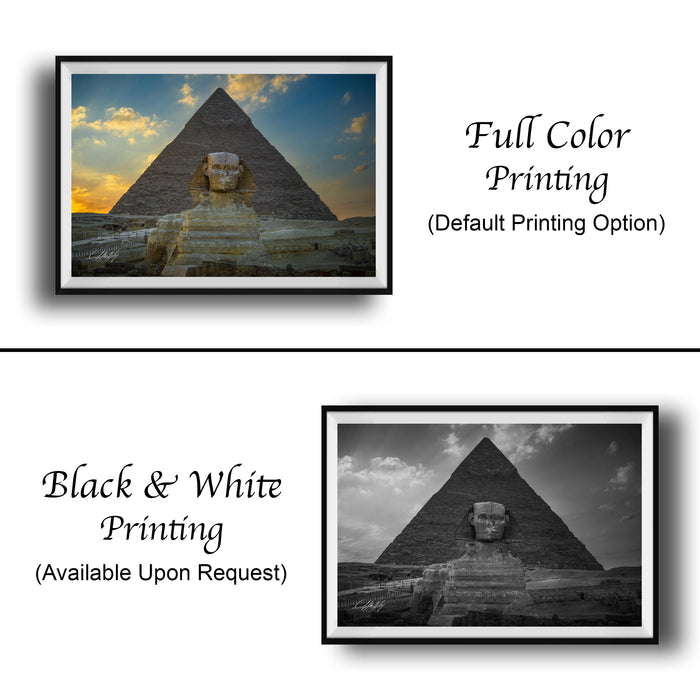The image is a collage of two framed pictures. The top picture is a full color photograph of the Great Pyramid of Giza, while the bottom picture is a black and white photograph of the same landmark. Both pictures are framed and have the caption "Full Color Printing (Default Printing Option)" and "Black & White Printing (Available Upon Request)" printed on them.