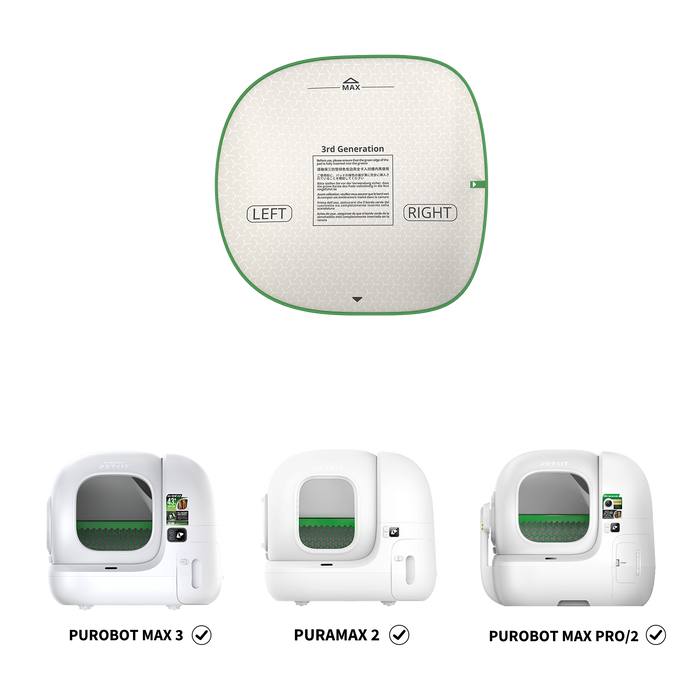 High Performance Cat Litter Pad Max 3.0 product shown with compatible automatic litter boxes including Purobot Max 3, PuraMax 2, Purobot Max Pro, and Purobot Max Pro 2