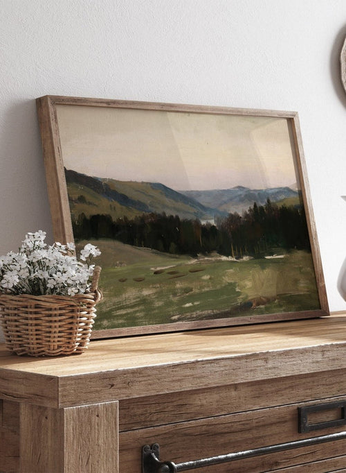 Highland Landscape by Leon Wyczółkowski is a vintage mountain landscape print with layered blue peaks and green fields, a peaceful nature print.
